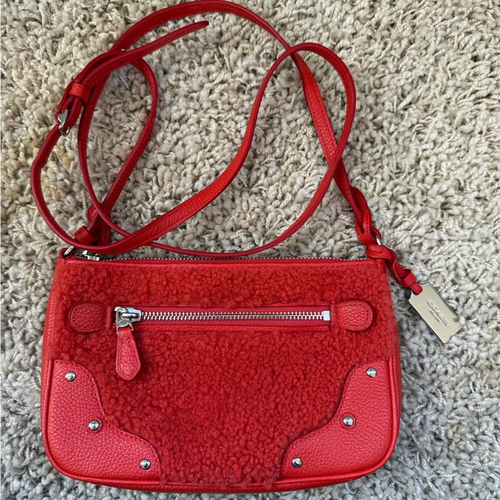 Coach Red Pebbled Leather Shearling Wool & Crossbody Nickel EXCELLENT Purse